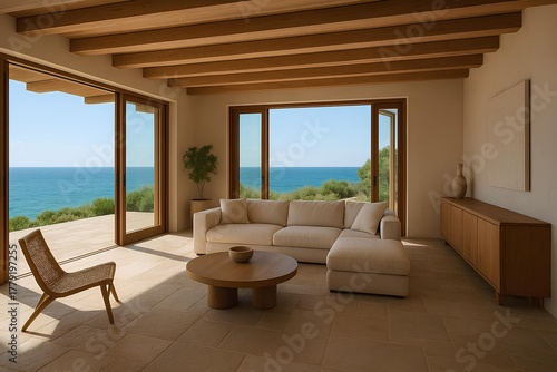 Modern coastal villa interior with natural stone floors, wooden accents, and sea breeze through open windows