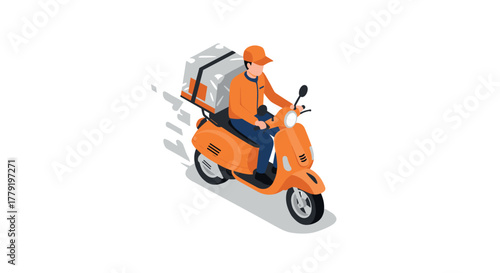 Isometric delivery person on orange scooter with package and helmet