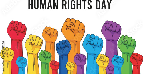 Human rights day with raised fists symbolizing unity