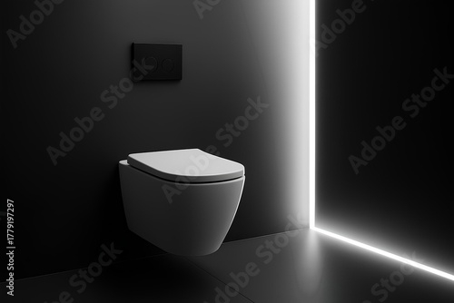 Monochrome modern toilet, black and white contrast, minimal lines, LED backlight