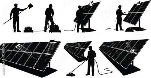 Silhouette vector illustration of workers cleaning solar panels with tools, water spray, vacuum, squeegee, teamwork, renewable energy, maintenance, safety, labor, and industry