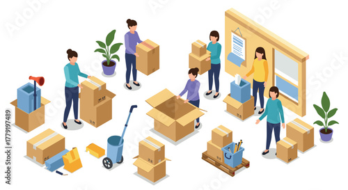 Team unpacking office supplies in modern workspace with isometric style