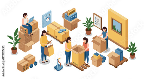 Collaborative office team unpacking boxes in modern workplace setting