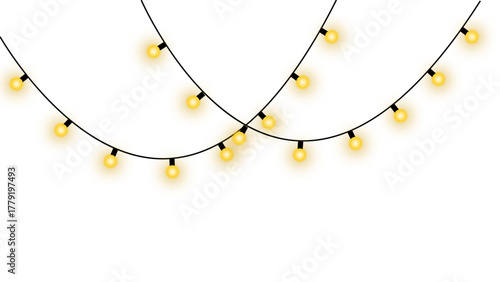 Wedding  decoration mini string lights flicker set. Warm glowing tiny lights for wedding, Christmas cultural functions. Romantic cozy flicker lighting chain across ceiling. Vector illustration.