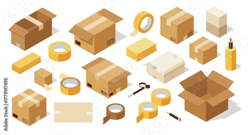 Isometric cardboard boxes and packing supplies essential moving and shipping elements
