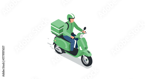 Delivery rider on green scooter wearing helmet in isometric style