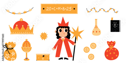 A festive collection of Three Kings Day icons featuring the Magi, crowns, gifts, stars, and traditional holiday symbols in a colorful and playful design.