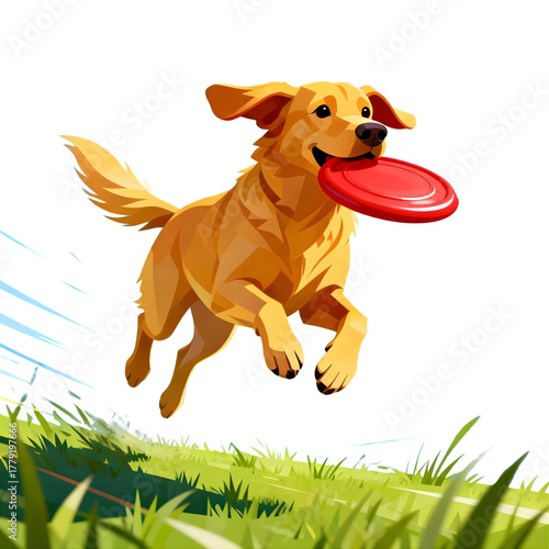 Playful Golden Retriever dog jumping to catch a red frisbee in a grassy park, a joyful illustration of a happy pet in action