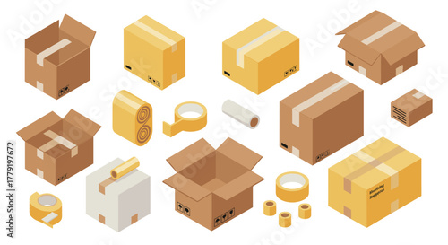 Isometric cardboard and packaging set with tapes and boxes for shipping