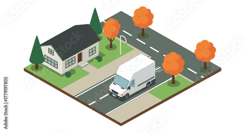 Isometric suburban neighborhood with delivery van and autumn trees