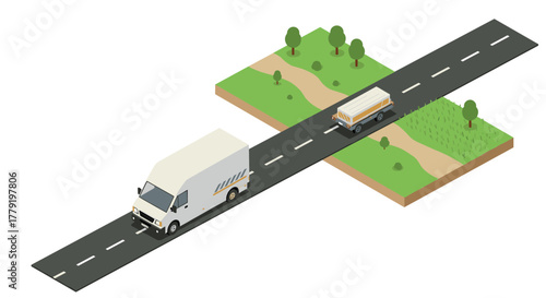 Isometric road scene with cargo van and trailer in minimalist landscape