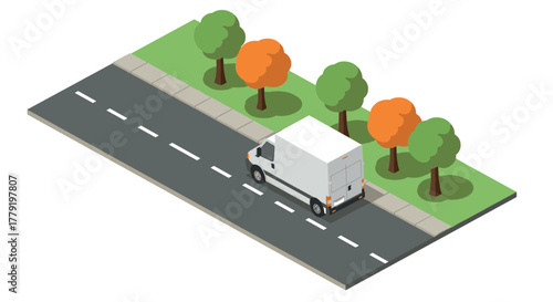 Isometric delivery truck on roadside with colorful trees in autumn setting