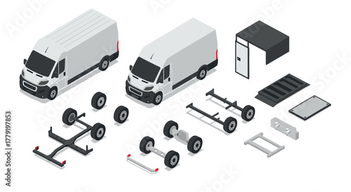 Isometric cargo van assembly with parts exploded view for transport and logistics