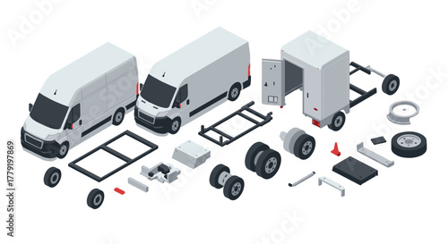 Isometric van assembly set with detailed components for customization