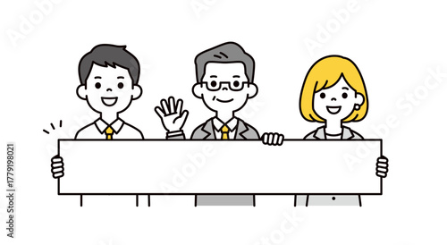 メッセージボードを持つ、社長と若い男性と女性の社員の上半身ベクターイラスト素材セット