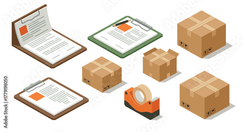 Isometric shipping essentials with boxes and clipboards for logistics and packaging