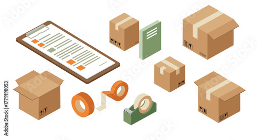 Isometric packing essentials with boxes, clipboard, and tape for shipping solutions