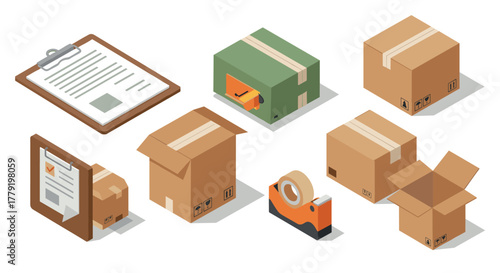 Isometric box set with packaging supplies for shipping and delivery logistics