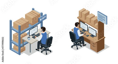 Warehouse management office setup with dual monitor workstations and storage shelves