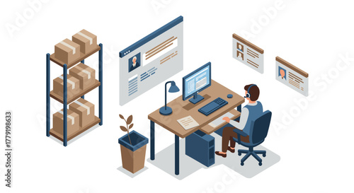 Isometric office workspace with online communication and storage elements