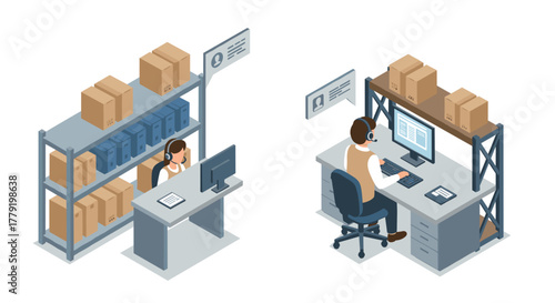 Isometric office workspace with cubicle and warehouse storage