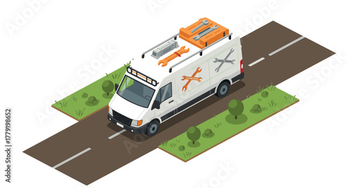 Isometric repair van on road with tools on roof