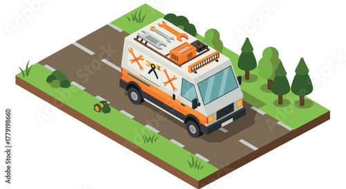 Isometric repair van on road surrounded by trees and tools