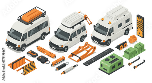 Isometric camper van conversion parts and accessories in detailed layout