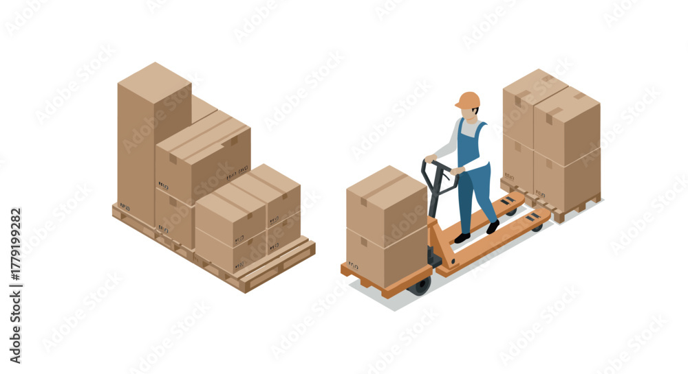 Fototapeta premium Warehouse worker maneuvering pallet jack with boxes in isometric style