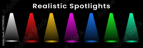Realistic multicolor spotlights on black background Perfect for stage light design concert poster event background or studio lighting illustration