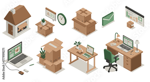 Cozy home office in isometric style featuring cardboard boxes and modern workspace elements