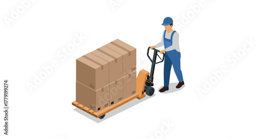 Warehouse worker moving boxes on pallet jack in isometric style