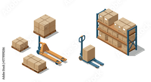 Isometric warehouse tools and cardboard boxes on pallet shelf for efficient storage solutions