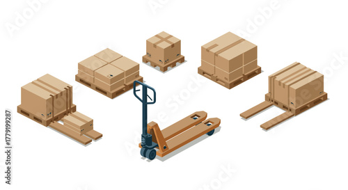 Warehouse equipment and pallets with boxes in isometric style