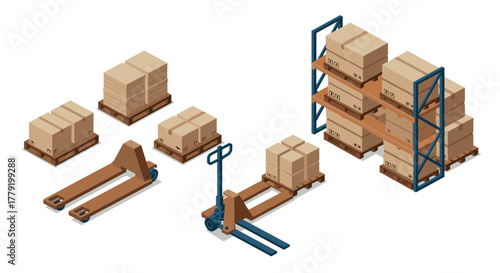 Isometric warehouse storage pallets, boxes, racks, and lifters