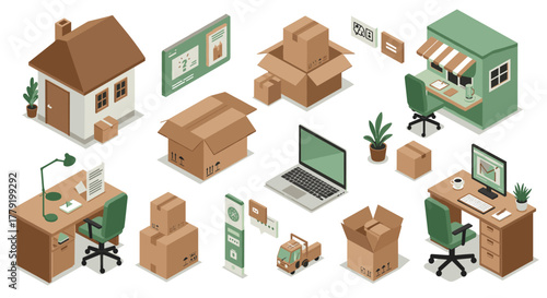 Isometric home office and delivery scene with cardboard boxes and furniture