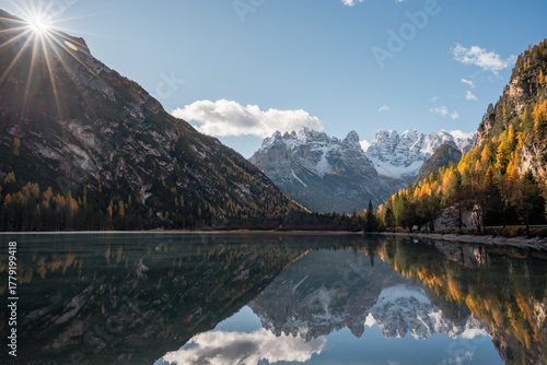 Landscape autumn in the Dolomites in Italy, beautiful lake Antorno in the Dolomite mountains, Tre Cime di Lavaredo national park in Italy in autumn.