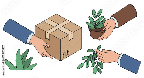 Hands holding plants and box in isometric style for ecofriendly delivery concept