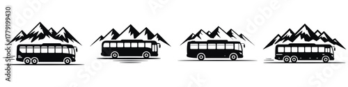 Winter Mountain Bus Travel Vector Illustration – Tourist Journey Silhouette, Adventure Road Trip, Snowy Landscape, Holiday Vacation Transport and Scenic Nature Travel Design Art