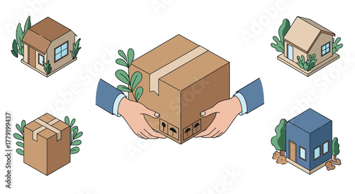 Isometric ecofriendly packaging with tiny houses and greenery