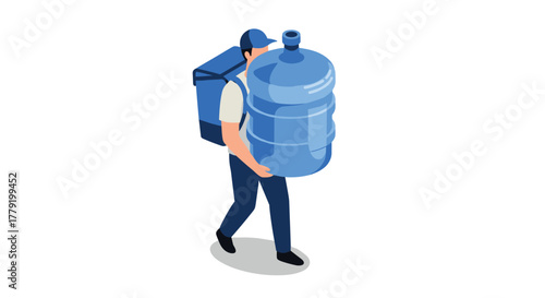 Isometric delivery worker carrying large water jug in uniform