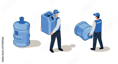 Isometric design of workers handling water coolers and bottles