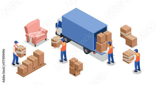 Isometric delivery scene with movers loading boxes into truck