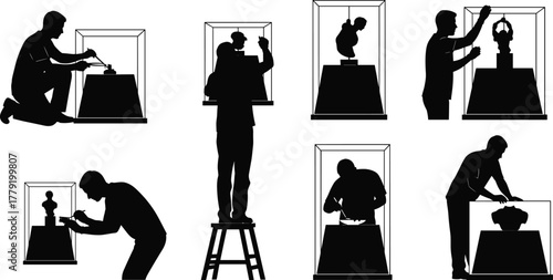 Silhouette vector illustration of museum workers installing sculptures in display cases, adjusting artwork, preservation, exhibition setup, cultural heritage, safety, labor, and industry