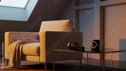 Cozy modern room with an armchair, headphones and a smart speaker glowing in warm evening light — moment of calm after digital shopping rush, symbol of silence and reflection.