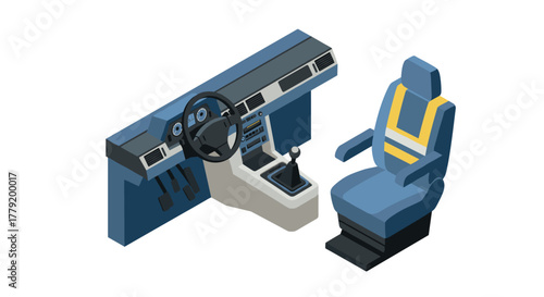 Isometric bus driver seat and dashboard with steering wheel and controls