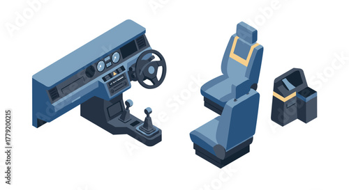 Isometric car interior elements dashboard, seats, and console design