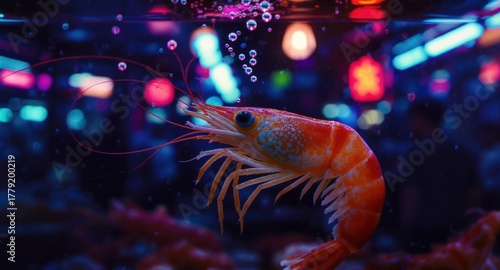 Vibrant shrimp floats in a tank, lit by neon signs, with bubbles and a blurred background