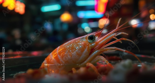 Vivid close-up of a cooked shrimp in a dim setting, with blurred lights in background