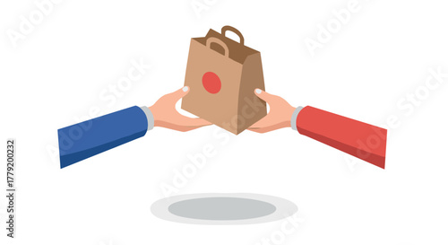 Ecofriendly exchange two hands sharing a recyclable delivery bag in flat design